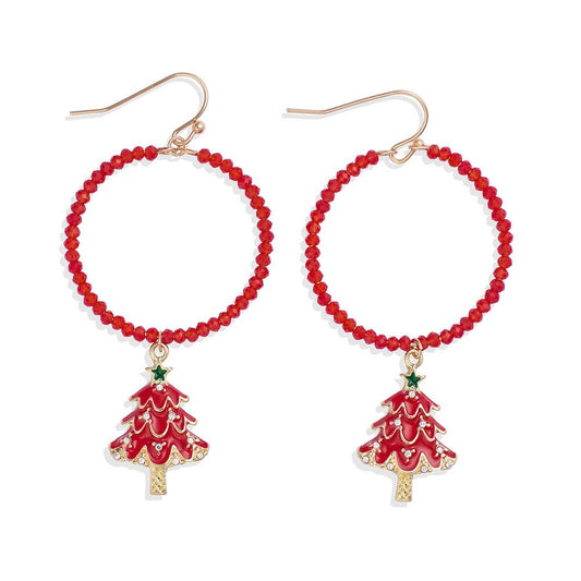 Faceted Beaded Hoop Earrings Featuring Painted Metal Christmas Tree Dangle Detail