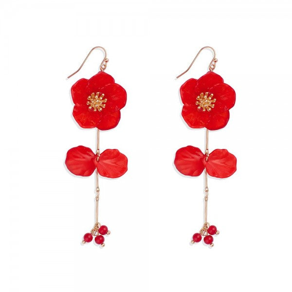 Red Acrylic Flower Drop Earrings With Linked Flower Petals & Beaded Accents Red