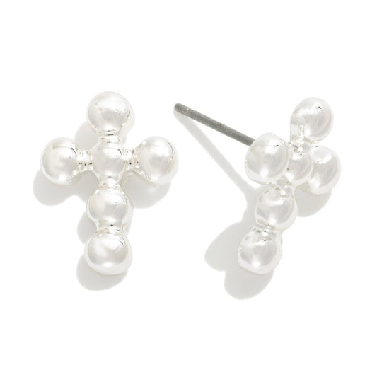 Metal Silver Tone Bead Cross Earrings