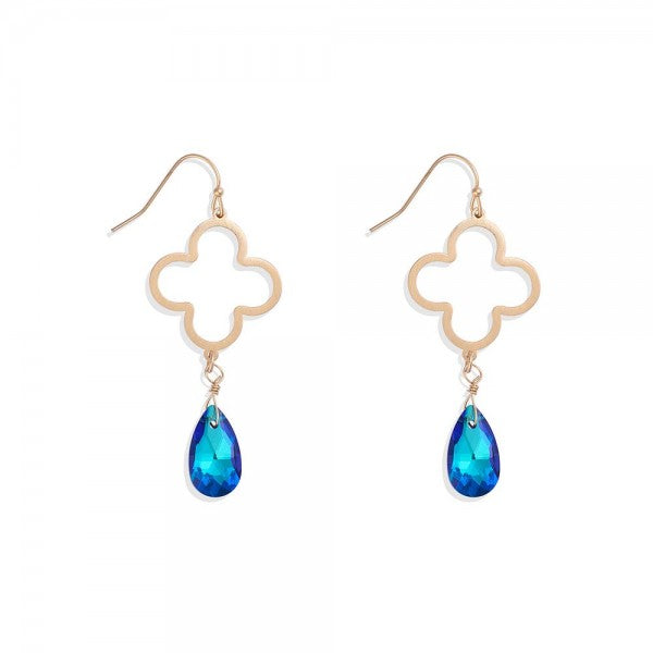Blue Linked Hollow Metal Clover & Glass Crystal Teardrop Drop Earrings Blue