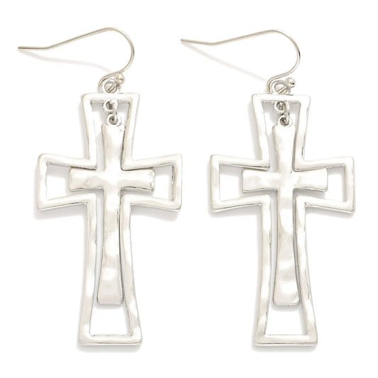 Nesting Hammered Metal Cross Drop Earrings Silver