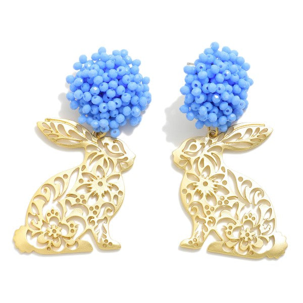 Easter Bunny Post Drop Earrings With Floral Cutouts & Bead Cluster Post Blue