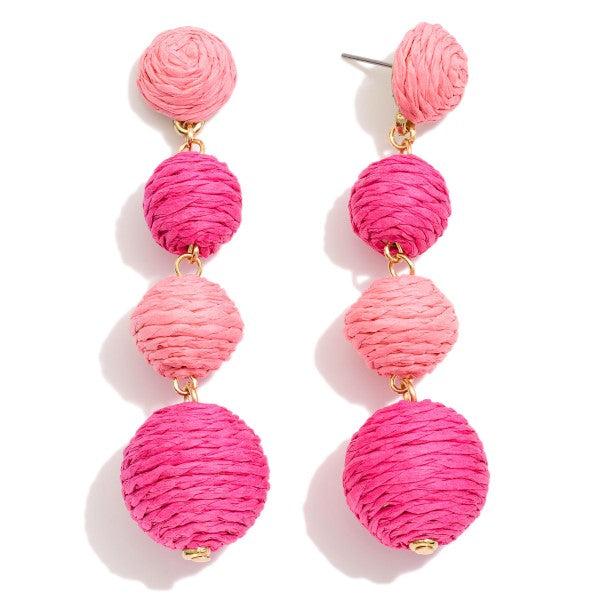 Linked Raffia Wrapped Balls Post Drop Earrings Fuchsia