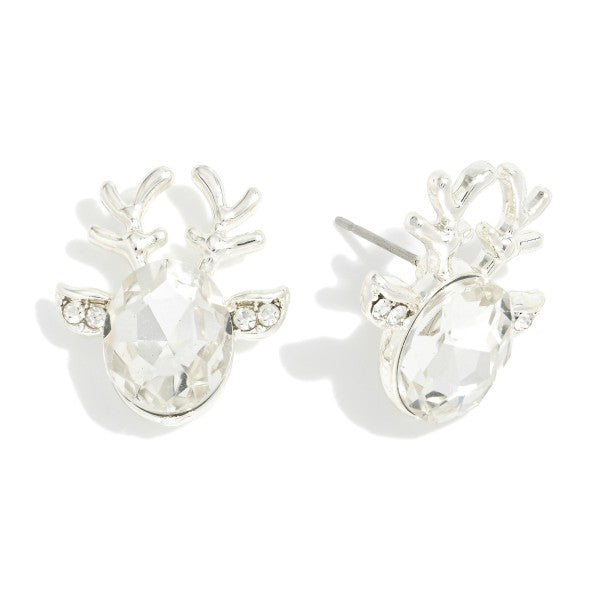 Rhinestone Reindeer Head Stud Earrings Crystal Silver