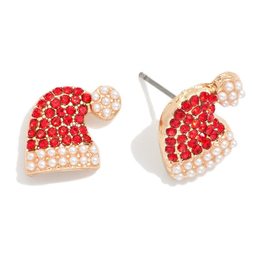 Pave Rhinestone & Pearl Santa Hat Stud Earrings