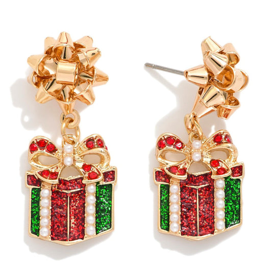 Glitter & Pearl Christmas Present & Bow Post Drop Earrings