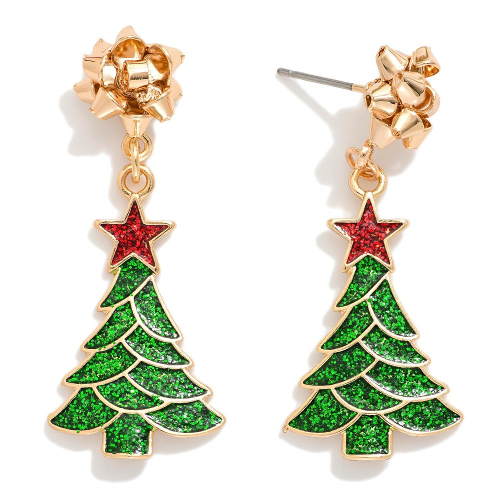 Glitter Christmas Tree & Bow Post Drop Earrings