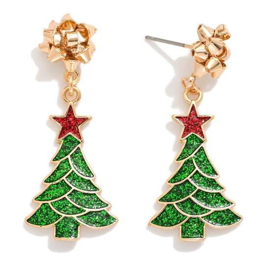 Glitter Christmas Tree & Bow Post Drop Earrings