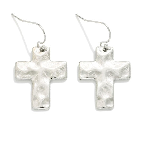 Hammered Metal Cross Drop Earrings Silver