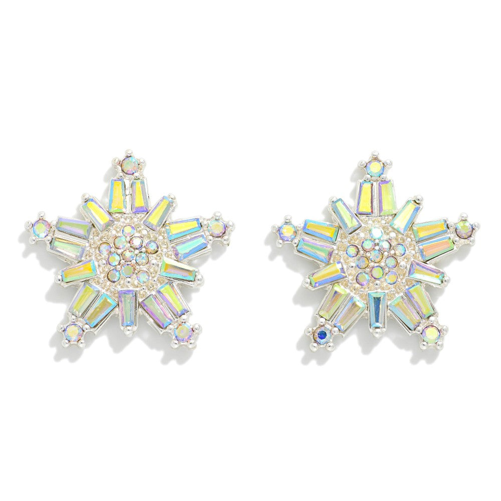 Metal Tone Rhinestone Encrusted Metal Snowflake Post Drop Earrings