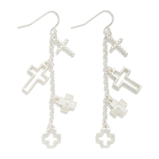 Chain Link Crosses Drop Earrings Silver