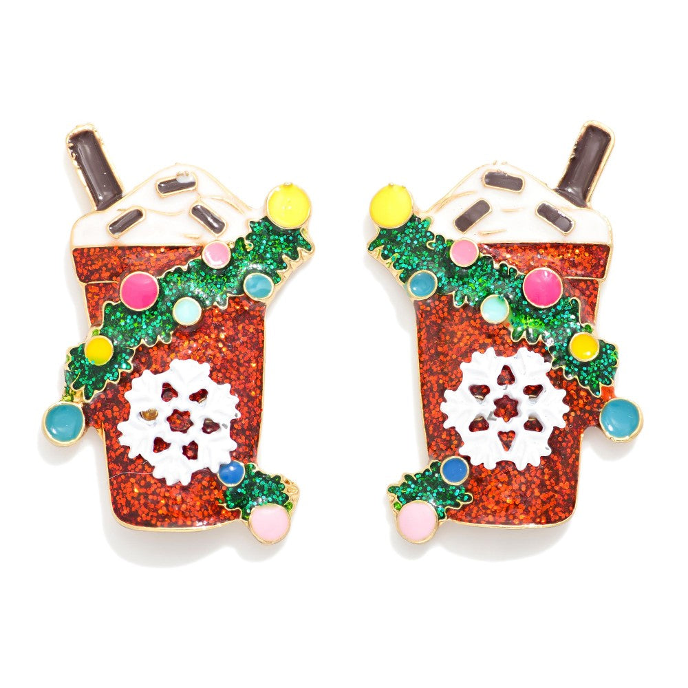 Glitter Enamel Christmas Hot Chocolate Post Drop Earrings