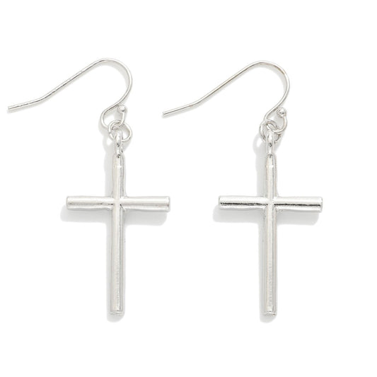 Metal Tone Cross Drop Earrings Silver
