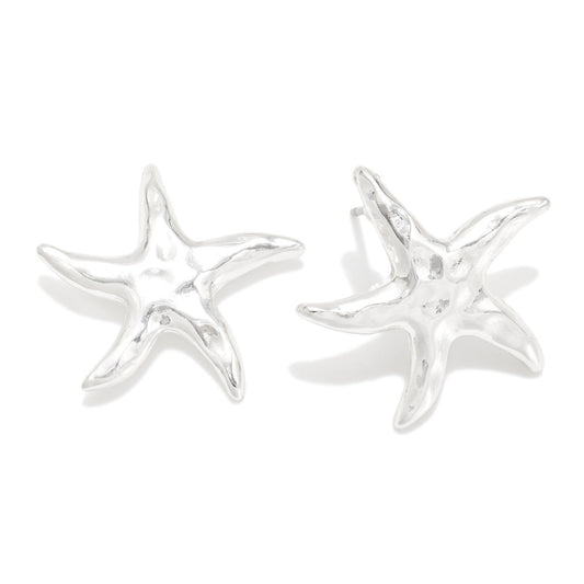 Hammered Metal Starfish Stud Earrings Silver