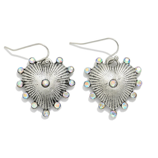 Metal Tone Ribbed Heart Drop Earrings Featuring Studded Rhinestones Silver