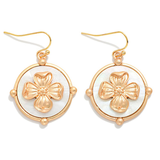 Pearlescent Medallion Drop Earrings Featuring Metal Tone Flower Detail White