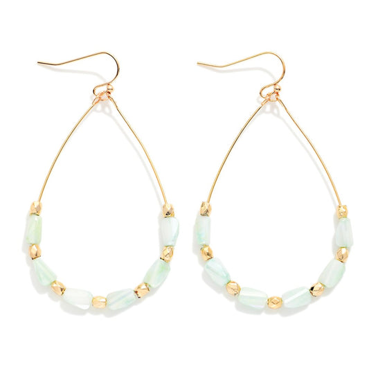 Wire Teardrop Earrings Featuring Faceted Cylinder Beads Mint