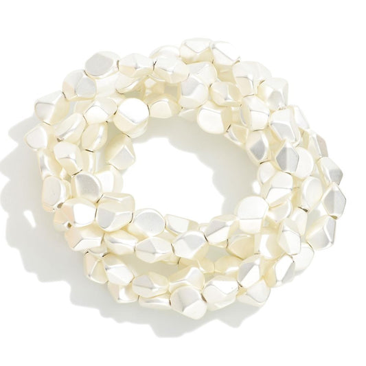 Set of Five Geometric Metal Tone Beaded Stretch Bracelets