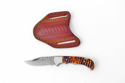 Stag Horn Style Damascus Folding Knife with Leather Sheath