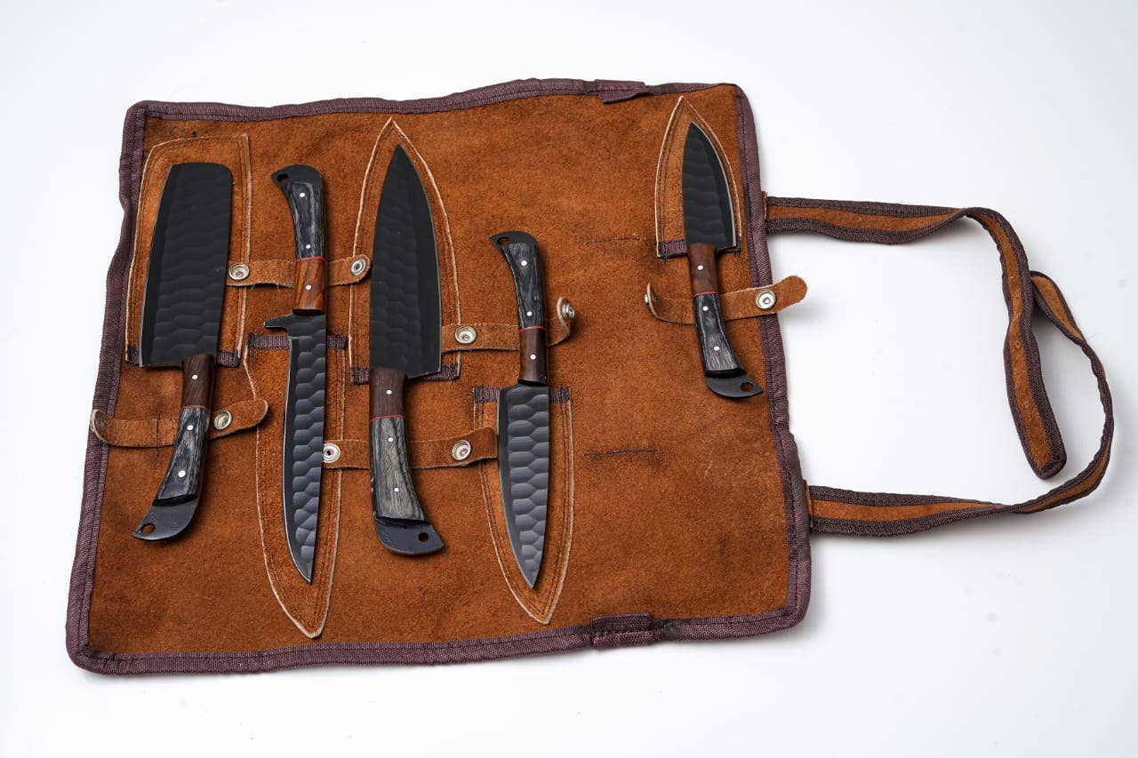 Hand-Forged 5-Piece Kitchen Knife Set | Hammered Black Carbon Steel | Pakawood & Black WalnutHandles