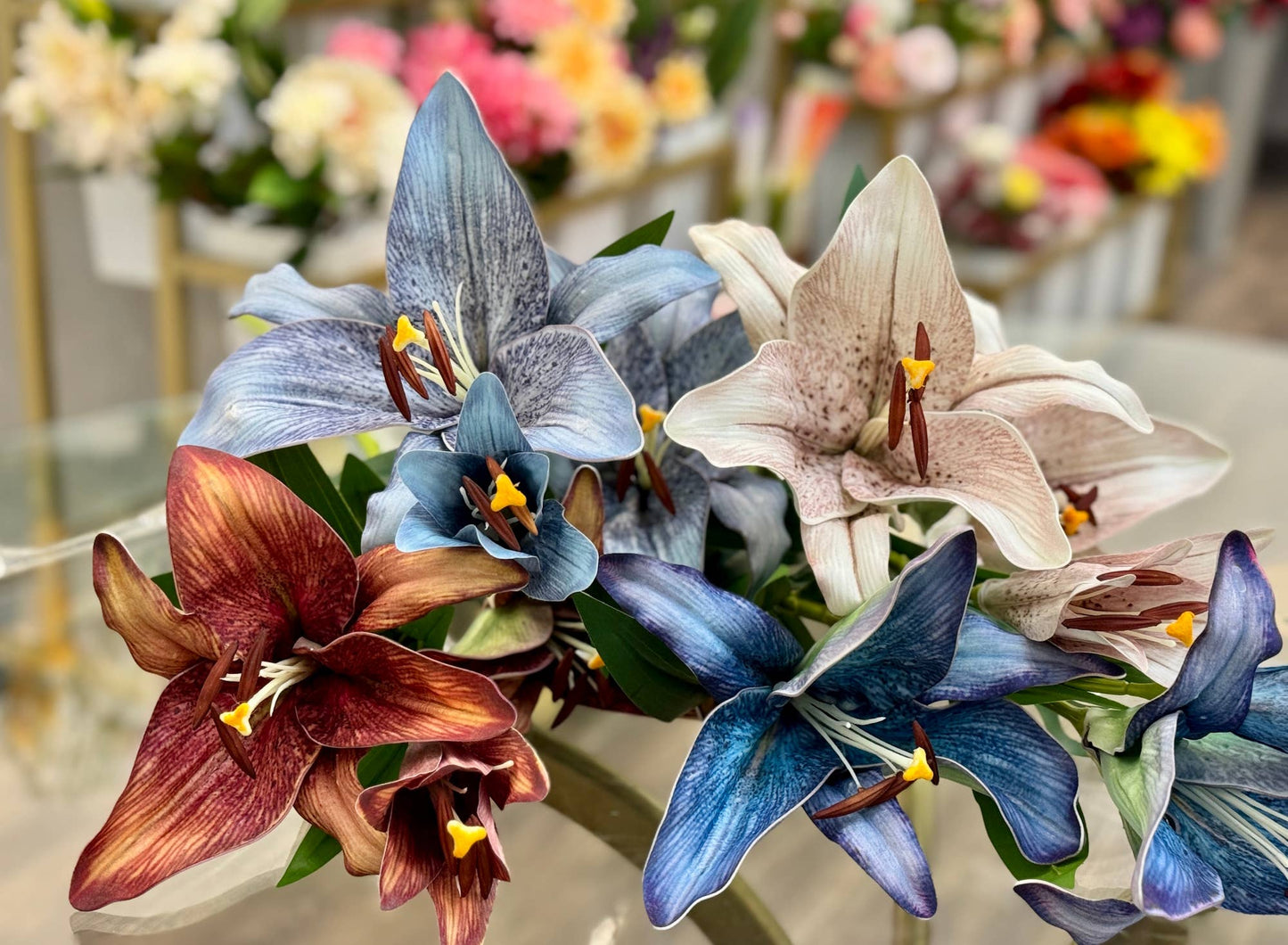 34.5"-Elegant 9" Large Bloom Lily-3 Flowers per stem: Brown Orange - The Mustard Seed Collection, The Seed