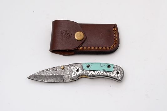 Hand-Forged Damascus Folder | Turquoise Handle, Engraved Bolster & Intricate Scrollwork