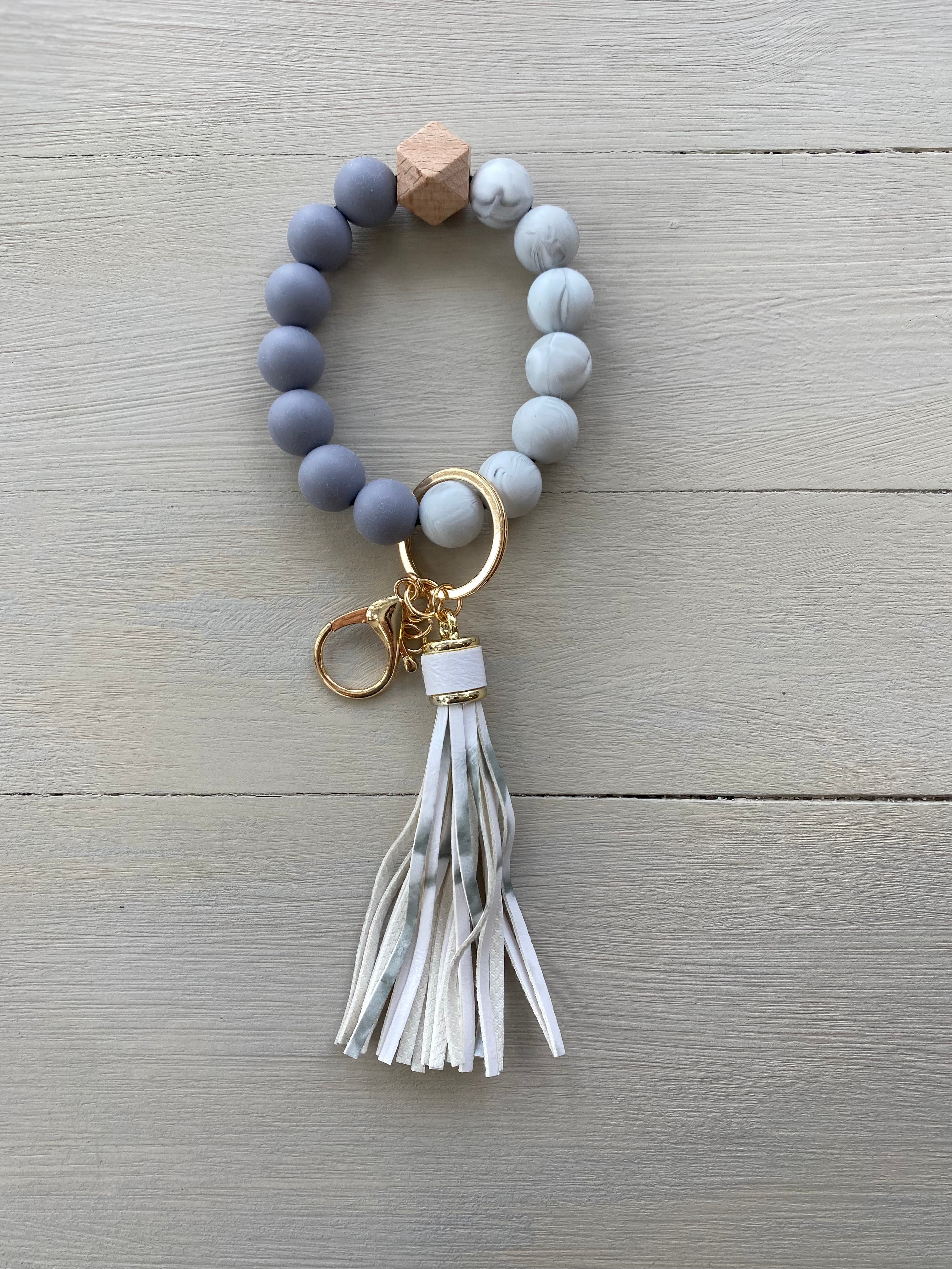 SVF Soft Dark Grey and Light Grey Marble Silicone Wristlet Beaded Key Chain Bracelet with Tassel and Motivational Engraved Acrylic Charm of choice! The Mustard Seed Collection, The Seed