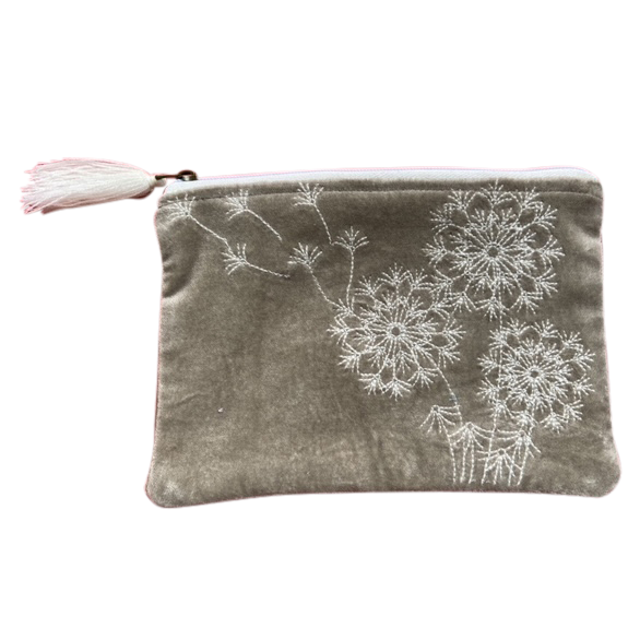 Beige Velvet Embroidered Dandelion Coin Purse for Women: Large