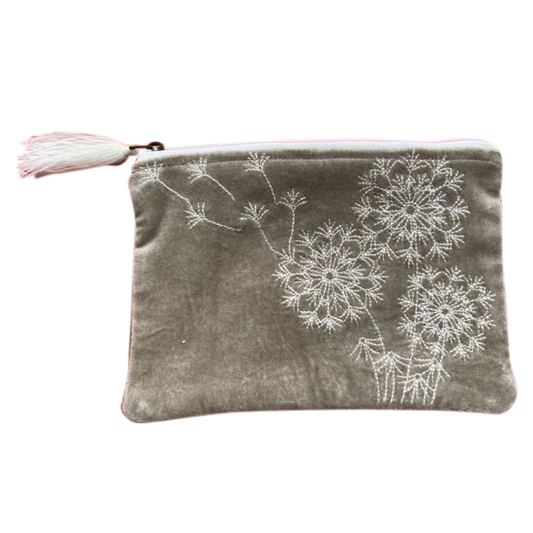 Beige Velvet Embroidered Dandelion Coin Purse for Women: Large