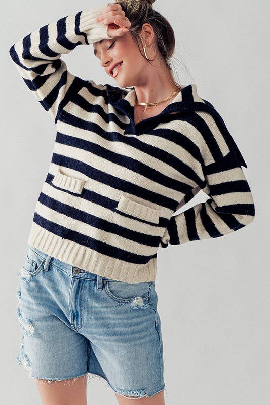 Madison Sailor Collar Stripe Knit Sweater: Navy