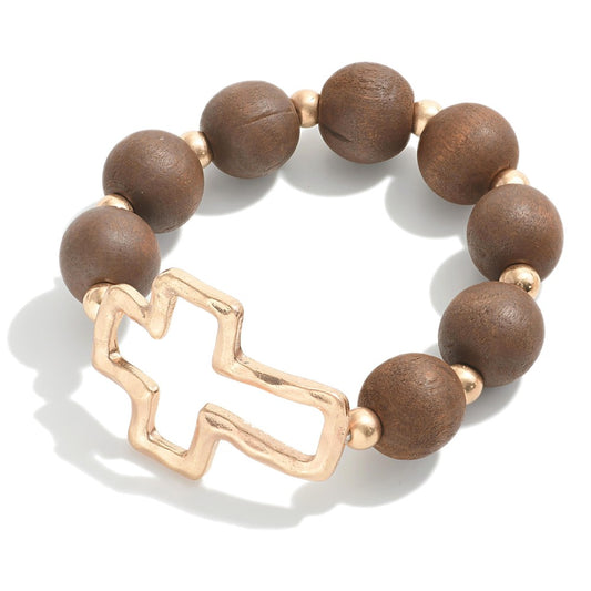 Hammered Cross Stretch Wood Beaded Bracelet Brown