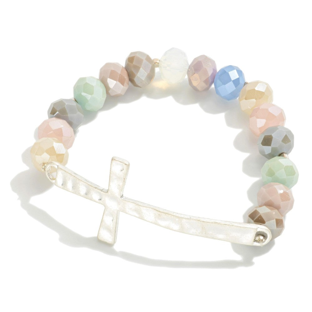 Silver Cross Stretch Bracelet Featuring Faceted Beads Light Multi