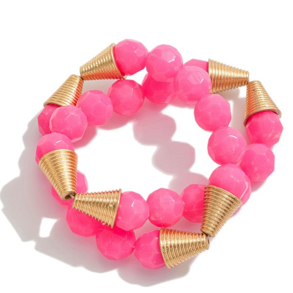 Beaded Stretch Bracelet Featuring Large Stone and Gold Cone Beads Pink