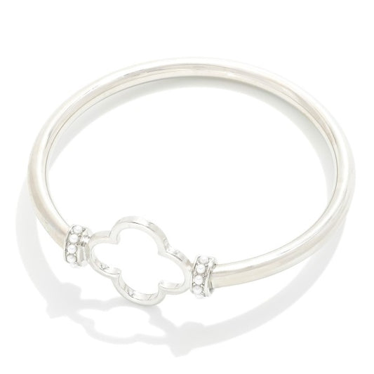 Silver Metal Tone Bangle Bracelet Featuring Hollow Clover With Pearl Detail Silver