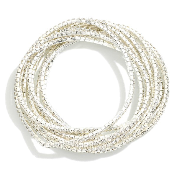 Set of Ten Linked Rhinestone Stretch Bracelets Silver
