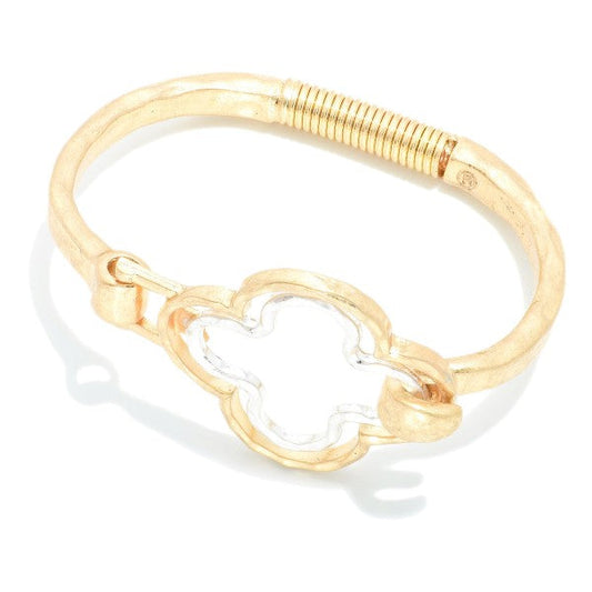 Hammered Metal Hinged Bangle Bracelet Featuring Nesting Clover Accent Gold Silver