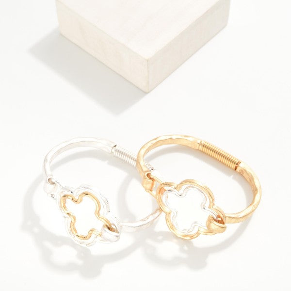 Hammered Metal Hinged Bangle Bracelet Featuring Nesting Clover Accent Gold Silver