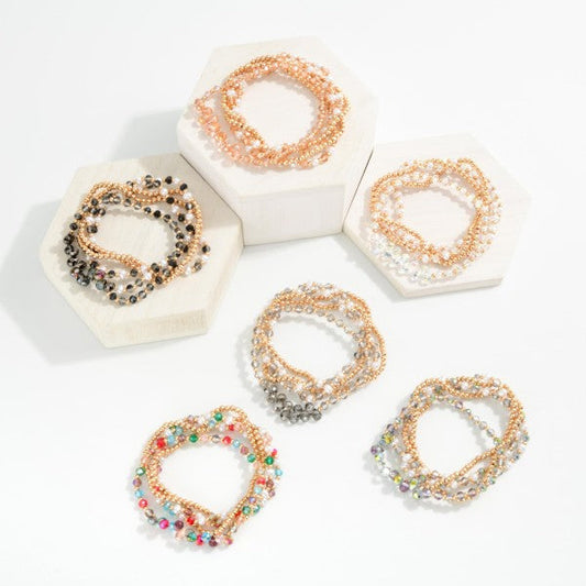 Set Of Five Beaded Stretch Bracelets Featuring Metal Tones, Faceted Beads, & Pearls