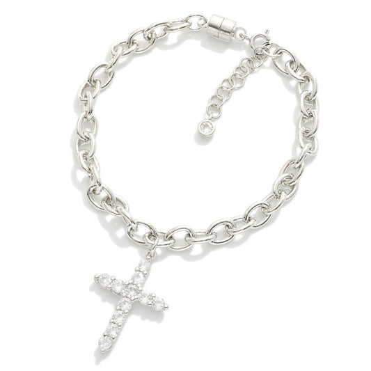 Magnetic Chain Link Bracelet Featuring Cubic Zirconia Cross Charm Silver