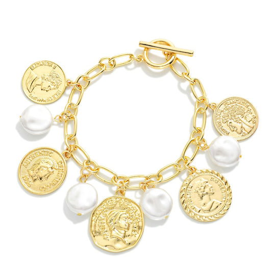 Chain Link Bracelet Featuring Metal Tone Medallion & Pearl Charms Default Title