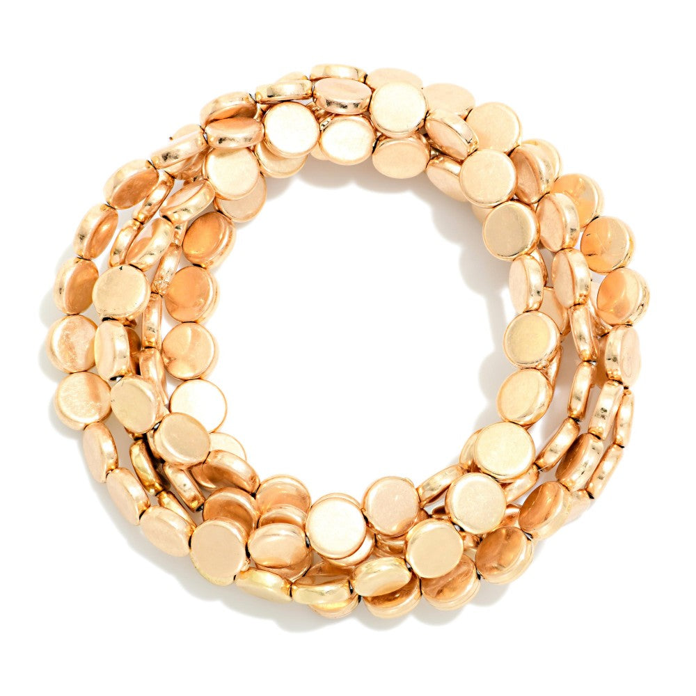 Set Of Five Metal Tone Flat Bead Beaded Stretch Bracelets Gold