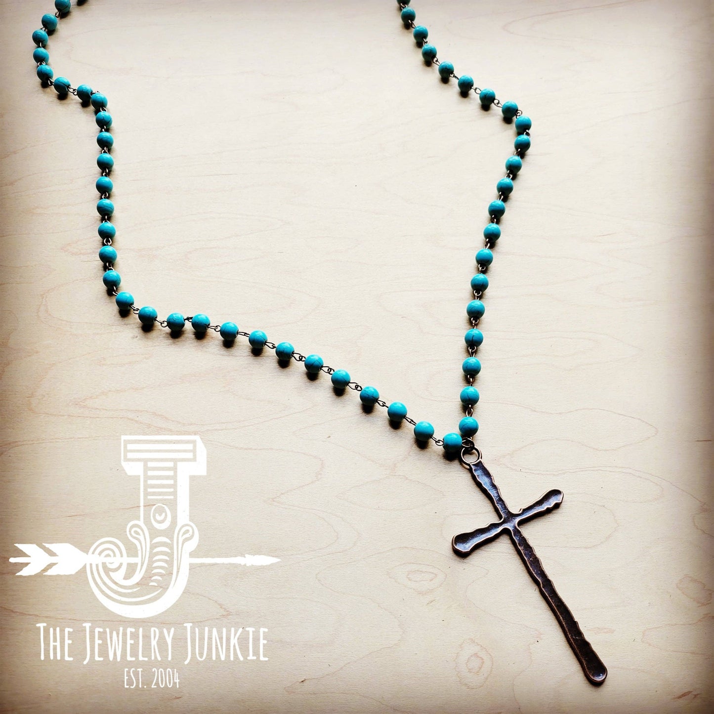 Turquoise Long Beaded Necklace with Antique Copper Cross Turquoise