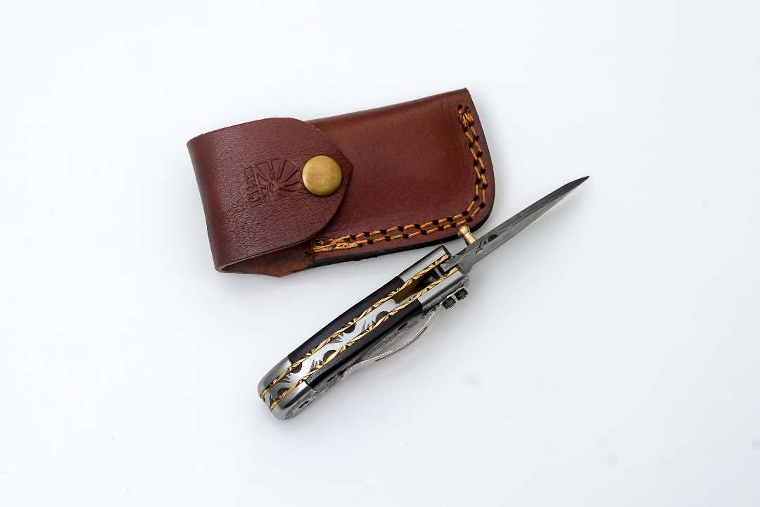 Hand-Forged Damascus Folding Knife | Engraved Bolster, Dark Wood Handle & Intricate Spine File Work