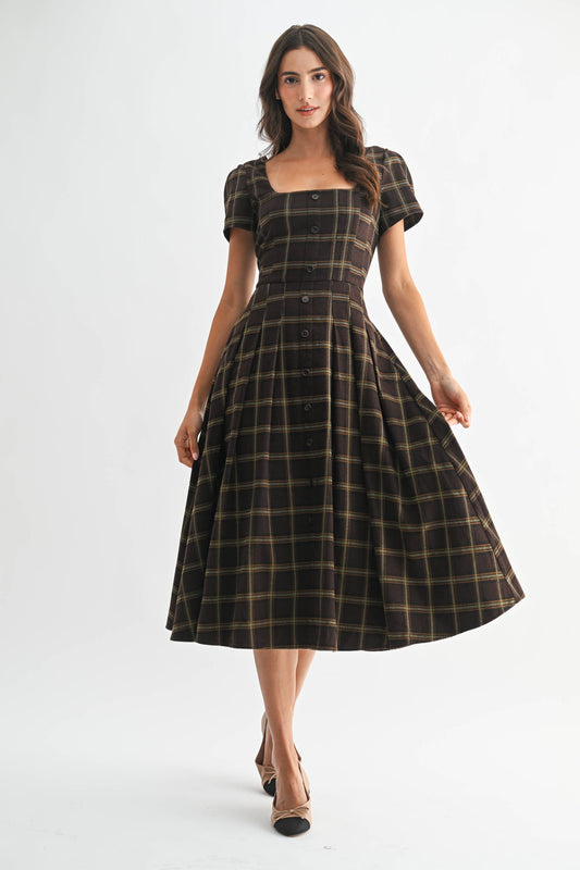 Plaid Button-Down Midi Dress: Brown