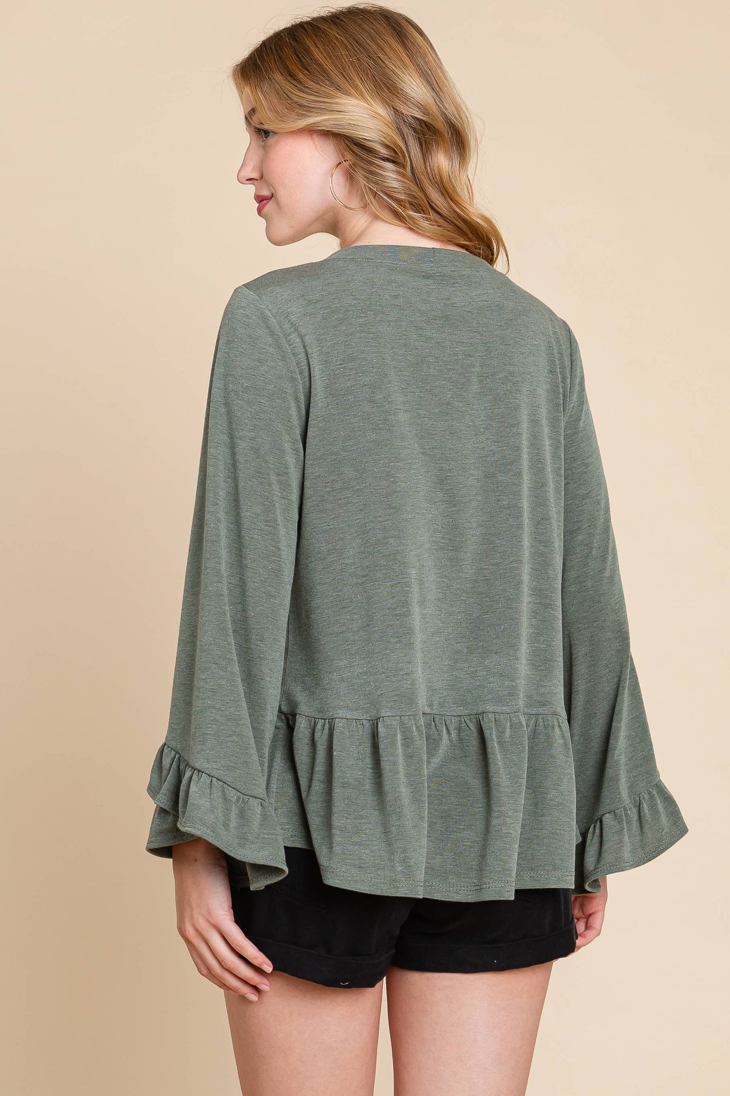Solid Babydoll Ruffle Hem Top: Olive