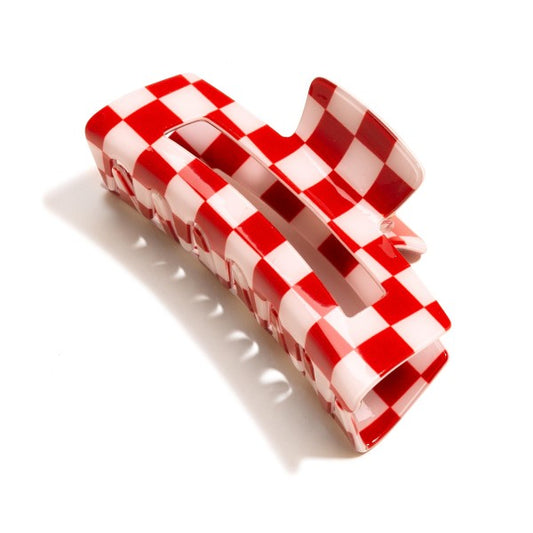 Red and White Hollow Checker Print Acetate Claw Hair Clip Red White