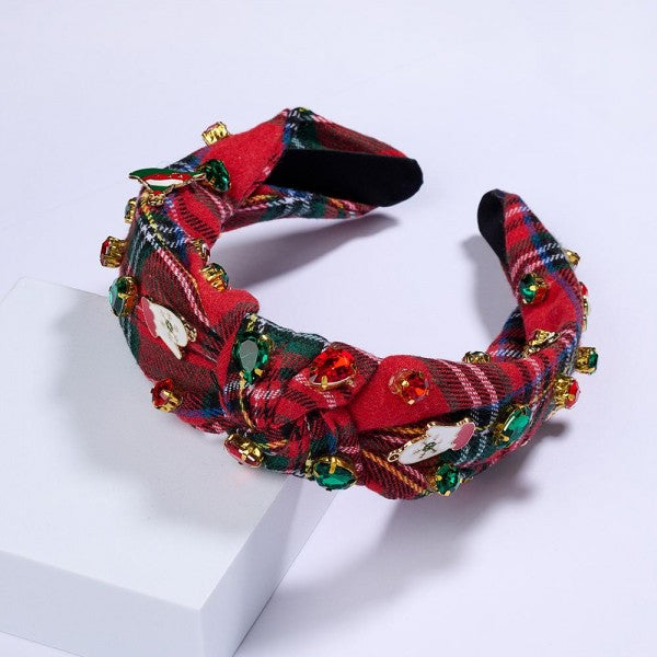 Red Plaid Knotted Headband Featuring Rhinestones & Enamel Christmas Pins Red