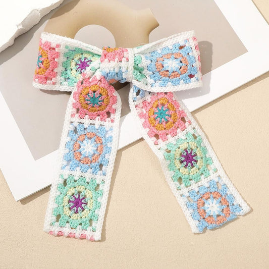 Crochet Granny Square Clip In Hair Bow White
