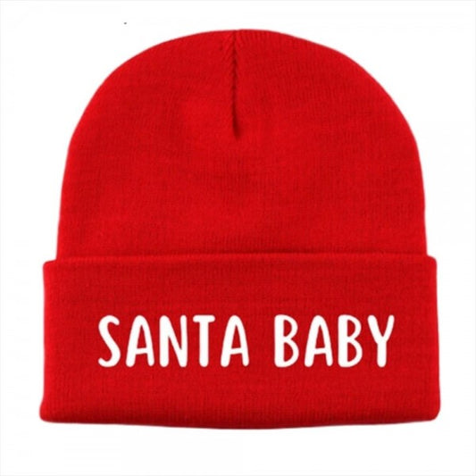 Red 'SANTA BABY' Embroidered Knit Cuffed Beanie Red