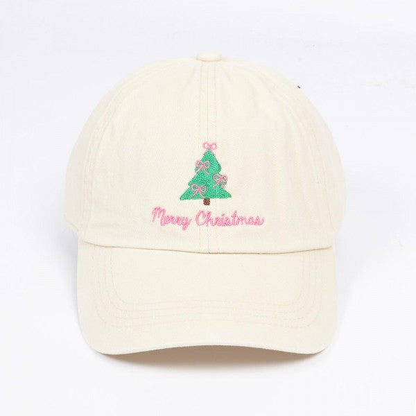 'Merry Christmas' Bow Christmas Tree Embroidered Baseball Cap Beige